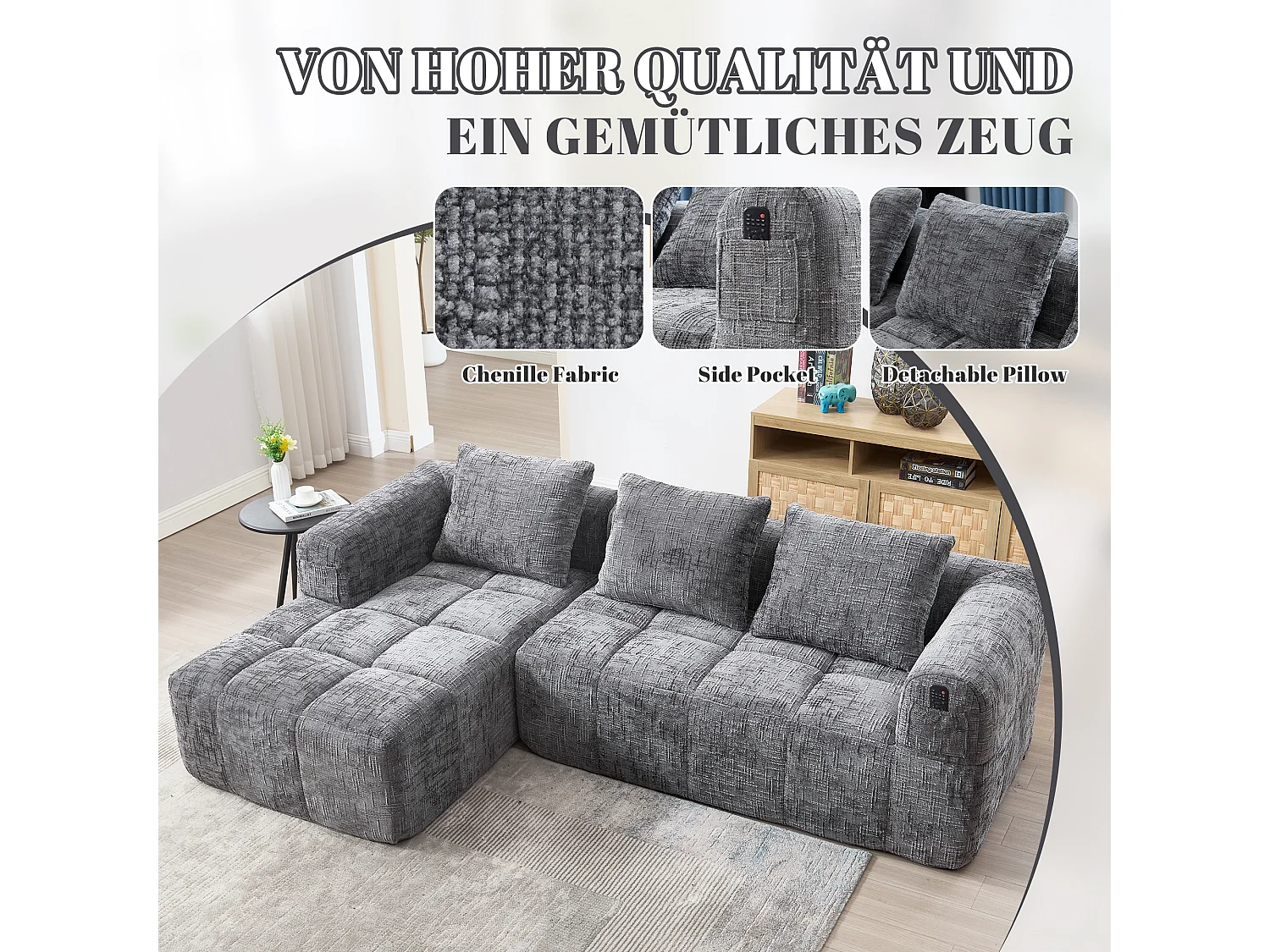 Canapé L modulable 3 places avec chaise longue et accoudoirs - Chenille, mousse haute - 2 poches latérales, 3 coussins - Sans montage - Gris
