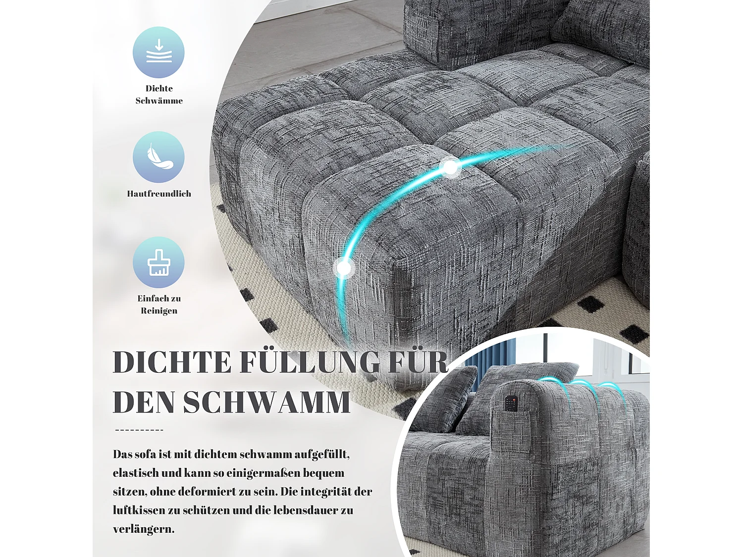 Canapé L modulable 3 places avec chaise longue et accoudoirs - Chenille, mousse haute - 2 poches latérales, 3 coussins - Sans montage - Gris