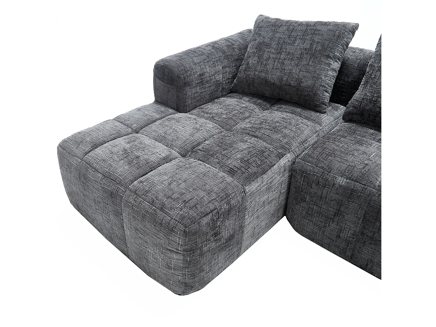 Canapé L modulable 3 places avec chaise longue et accoudoirs - Chenille, mousse haute - 2 poches latérales, 3 coussins - Sans montage - Gris