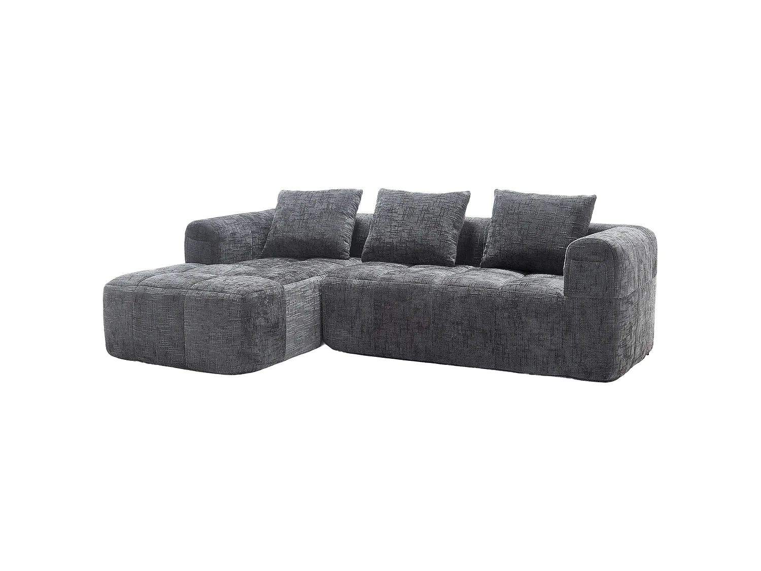 Canapé L modulable 3 places avec chaise longue et accoudoirs - Chenille, mousse haute - 2 poches latérales, 3 coussins - Sans montage - Gris