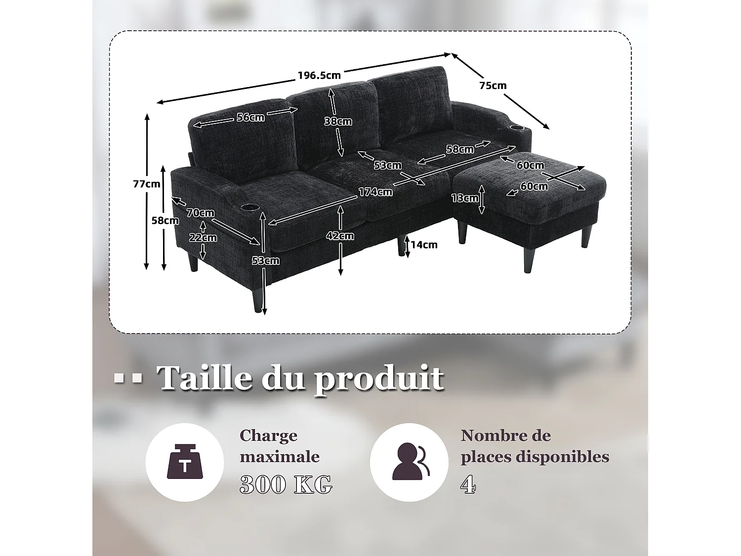 Bank - 4-Zitsbank Met Hocker - Met Verborgen Opbergruimte, Bekerhouders En Zijvakken - Metalen-Houten Frame, Kunststof Poten - Chenille - Zwart