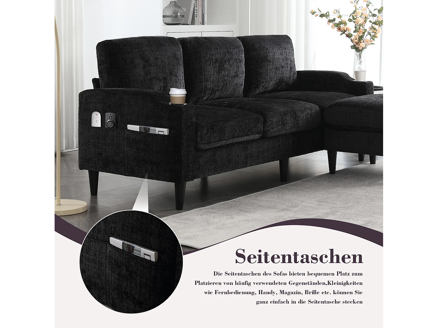 Bank - 4-Zitsbank Met Hocker - Met Verborgen Opbergruimte, Bekerhouders En Zijvakken - Metalen-Houten Frame, Kunststof Poten - Chenille - Zwart