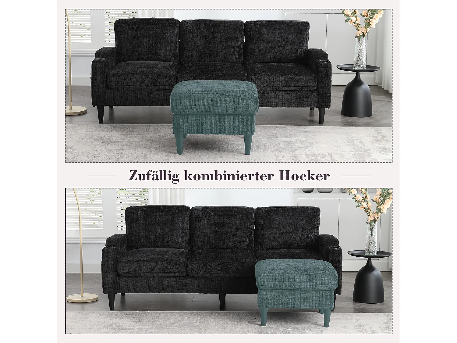 Bank - 4-Zitsbank Met Hocker - Met Verborgen Opbergruimte, Bekerhouders En Zijvakken - Metalen-Houten Frame, Kunststof Poten - Chenille - Zwart