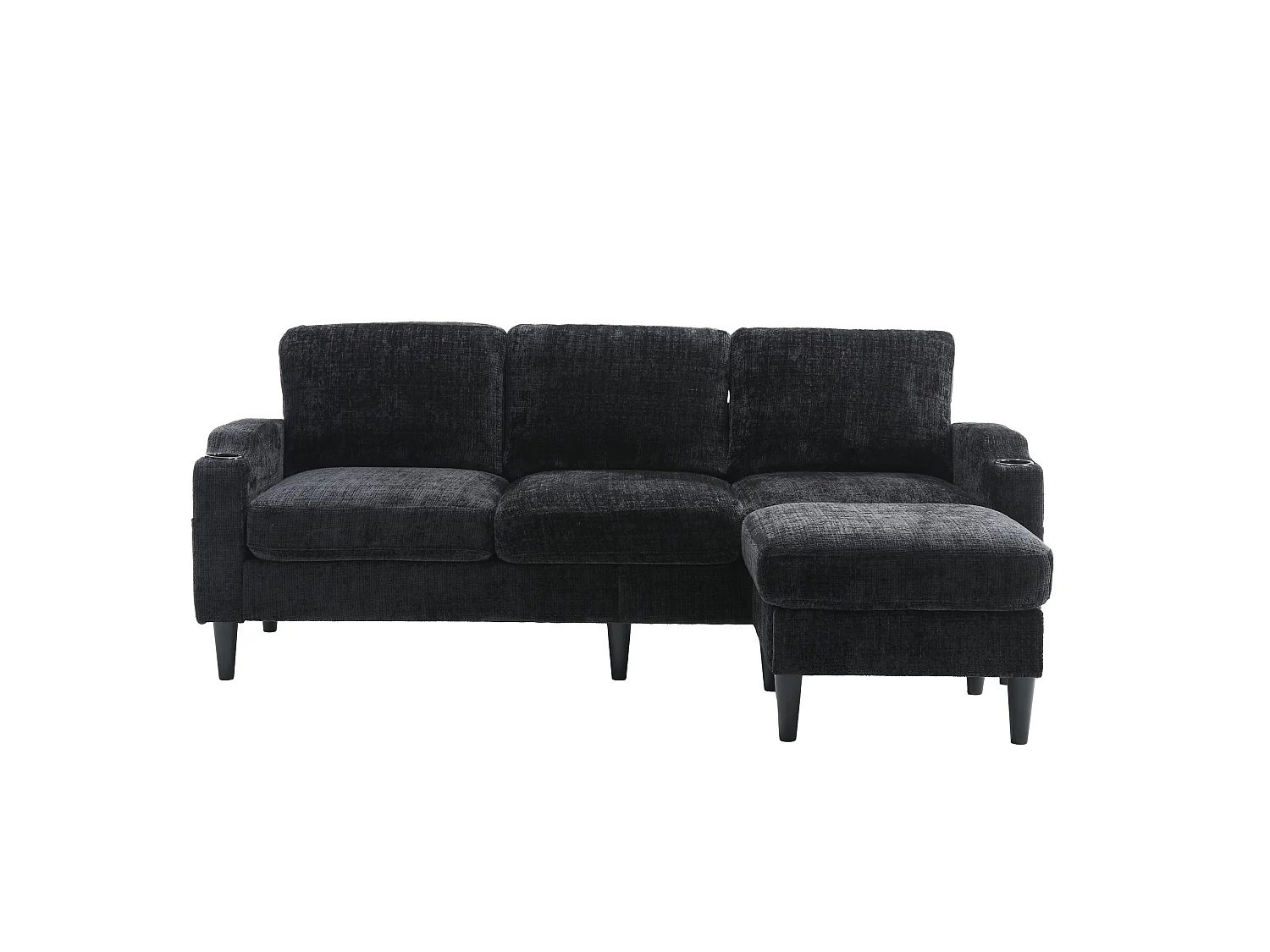 Bank - 4-Zitsbank Met Hocker - Met Verborgen Opbergruimte, Bekerhouders En Zijvakken - Metalen-Houten Frame, Kunststof Poten - Chenille - Zwart