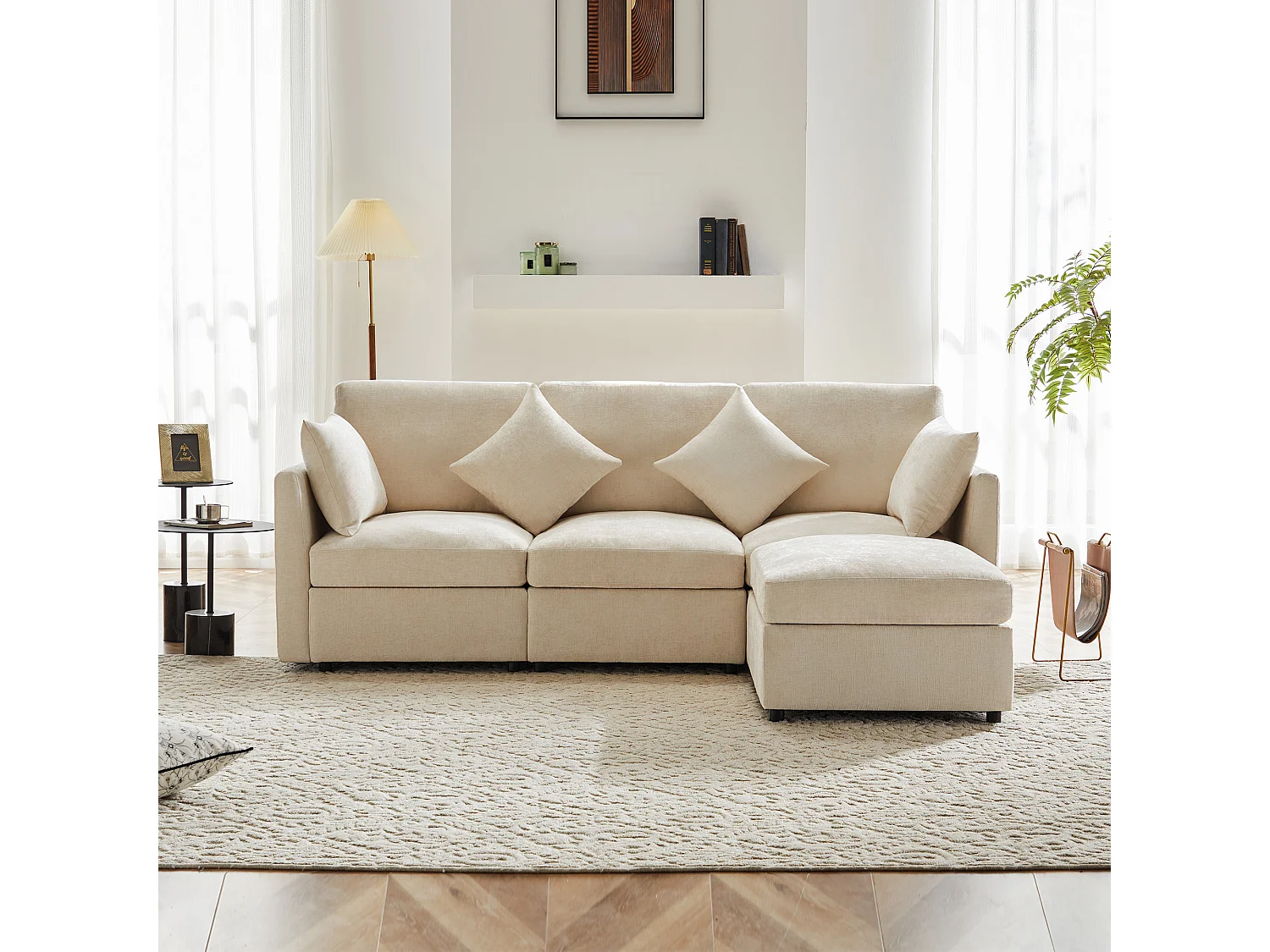 Canapé d'angle en L 3-4 places – Chenille avec Pouf Modulable et 4 Coussins – Beige