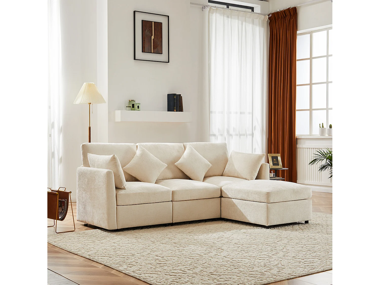 Canapé d'angle en L 3-4 places – Chenille avec Pouf Modulable et 4 Coussins – Beige