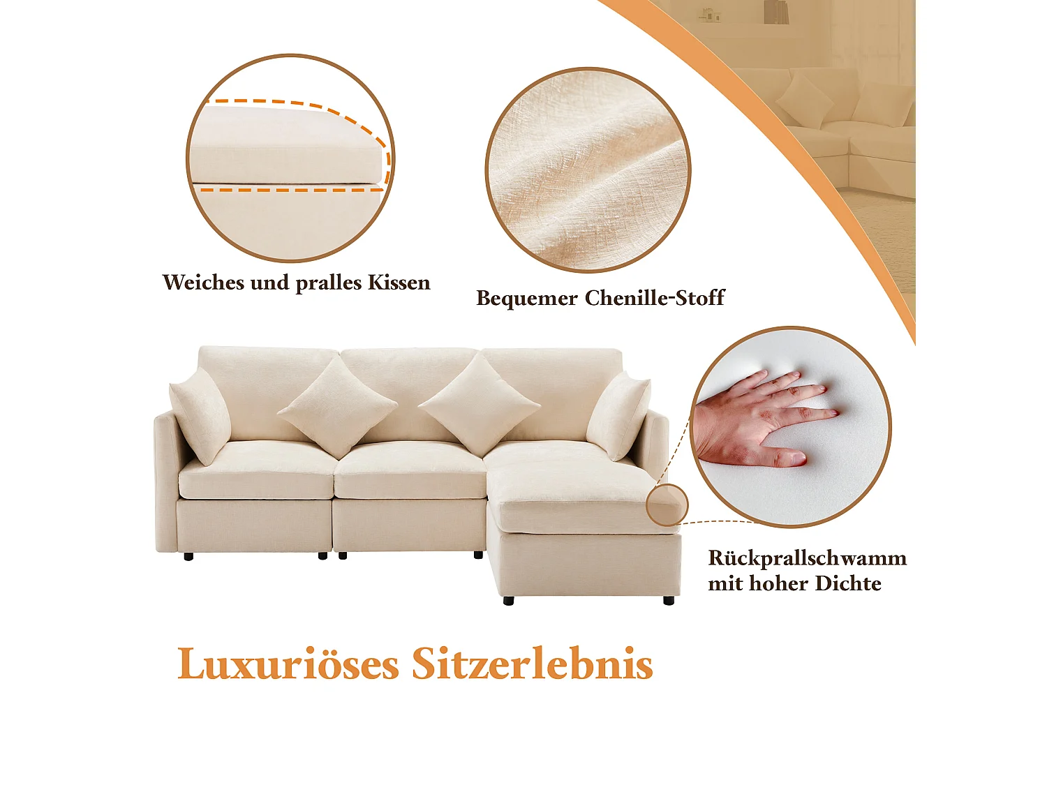 Canapé d'angle en L 3-4 places – Chenille avec Pouf Modulable et 4 Coussins – Beige