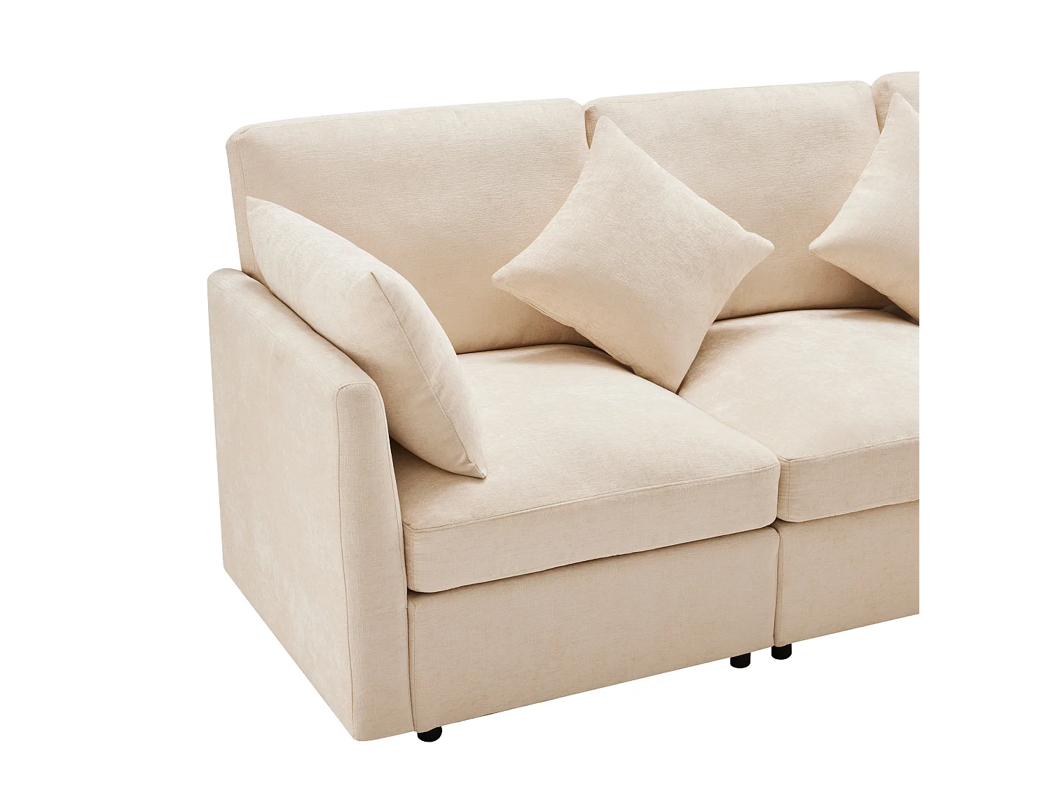 Canapé d'angle en L 3-4 places – Chenille avec Pouf Modulable et 4 Coussins – Beige