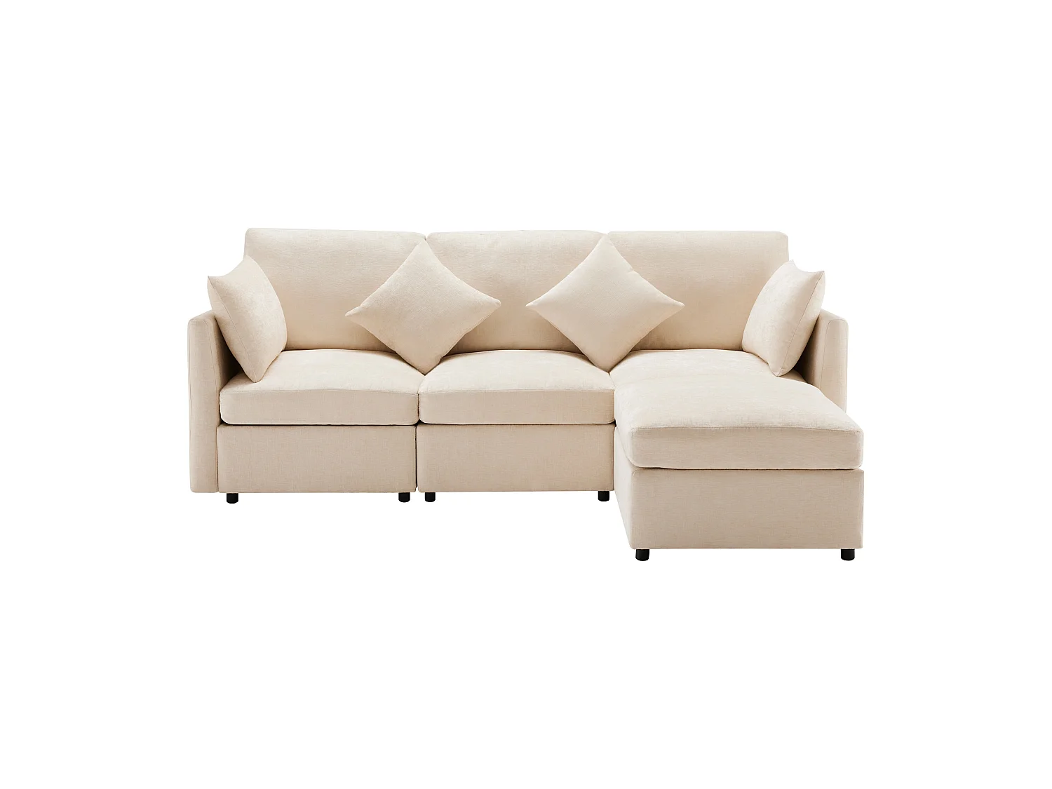Canapé d'angle en L 3-4 places – Chenille avec Pouf Modulable et 4 Coussins – Beige