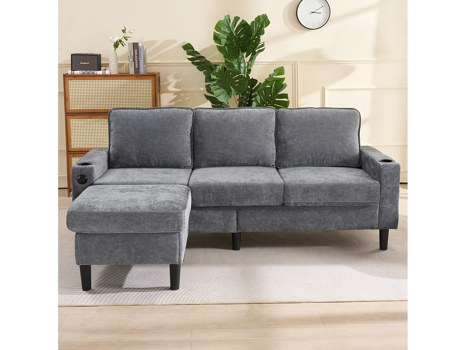 Bank - 3-Zits L-Vormige Slaapbank & Hoekbank Met Hocker - Met 2 Bekervakken en 2x USB + 1x Type-C - Comfort Kussens - Linnen - Grijs