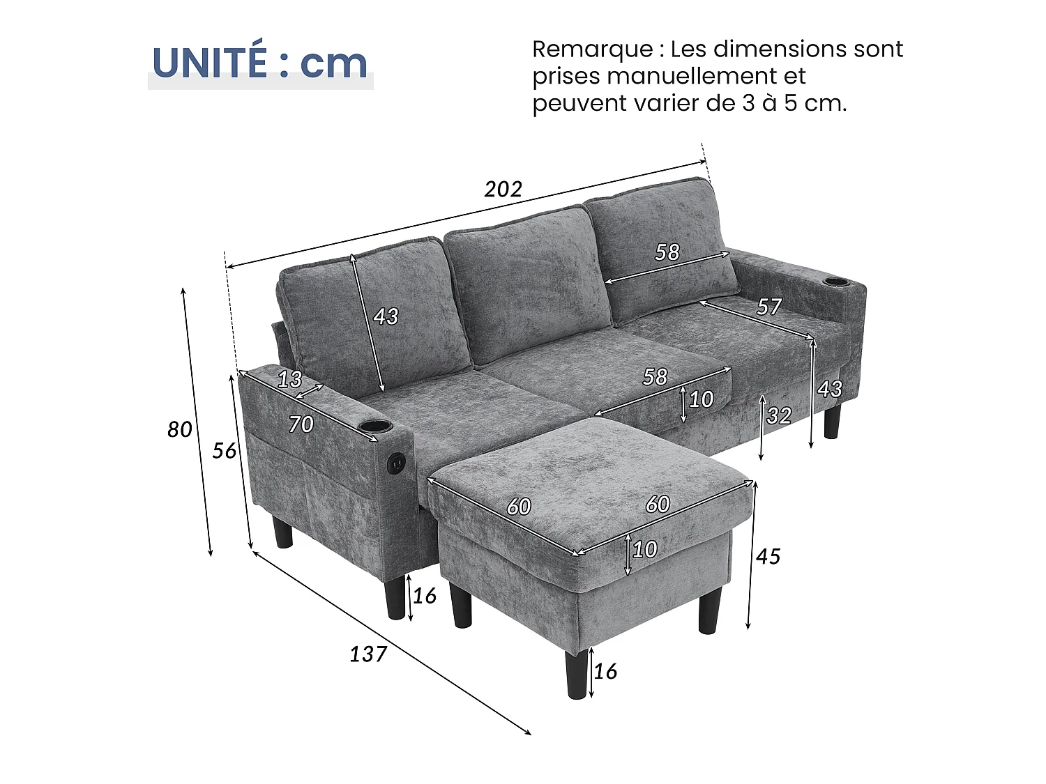 Bank - 3-Zits L-Vormige Slaapbank & Hoekbank Met Hocker - Met 2 Bekervakken en 2x USB + 1x Type-C - Comfort Kussens - Linnen - Grijs