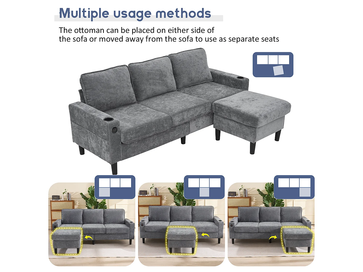 Bank - 3-Zits L-Vormige Slaapbank & Hoekbank Met Hocker - Met 2 Bekervakken en 2x USB + 1x Type-C - Comfort Kussens - Linnen - Grijs