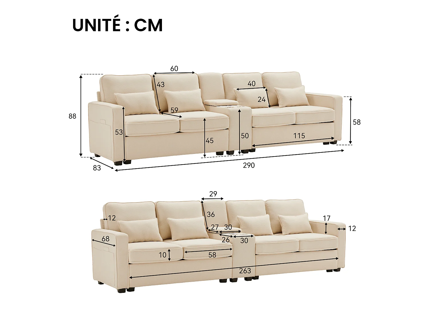 Canapé 4 Places - Console avec 2 porte-gobelets et 2 ports USB (câblés) - Poches latérales, 4 coussins - Lin - Beige