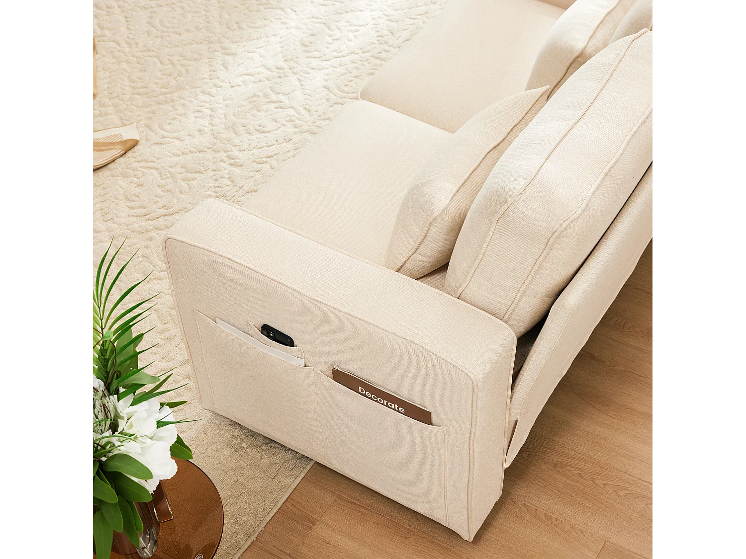 Canapé 4 Places - Console avec 2 porte-gobelets et 2 ports USB (câblés) - Poches latérales, 4 coussins - Lin - Beige