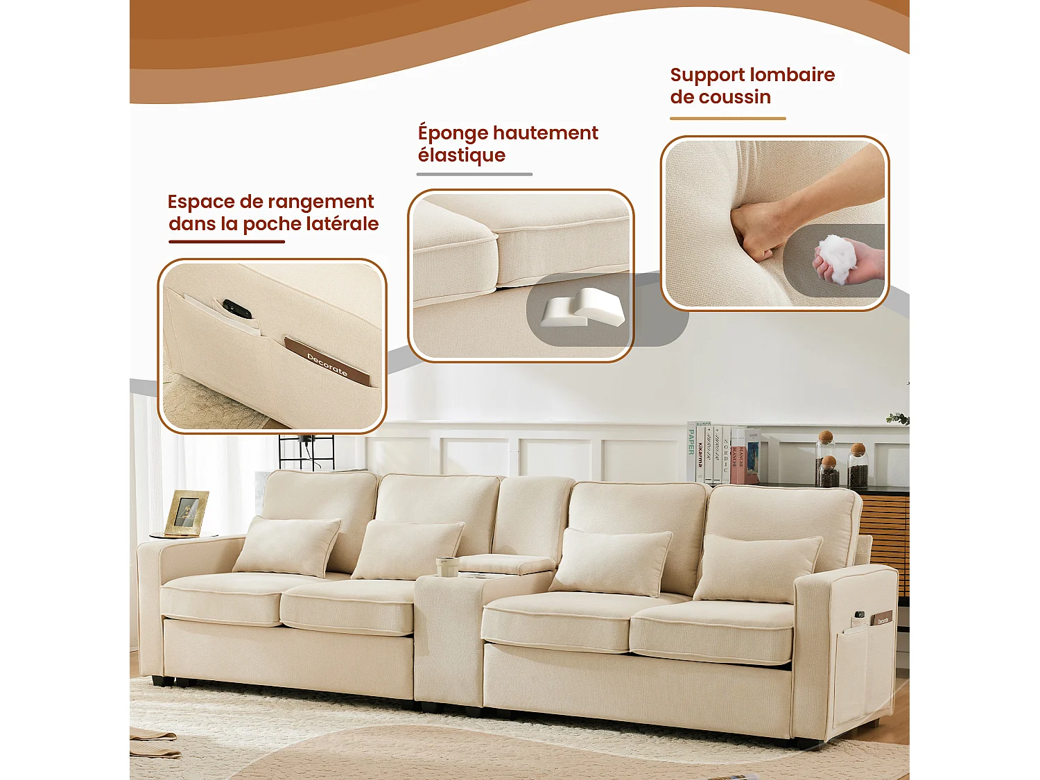 Canapé 4 Places - Console avec 2 porte-gobelets et 2 ports USB (câblés) - Poches latérales, 4 coussins - Lin - Beige