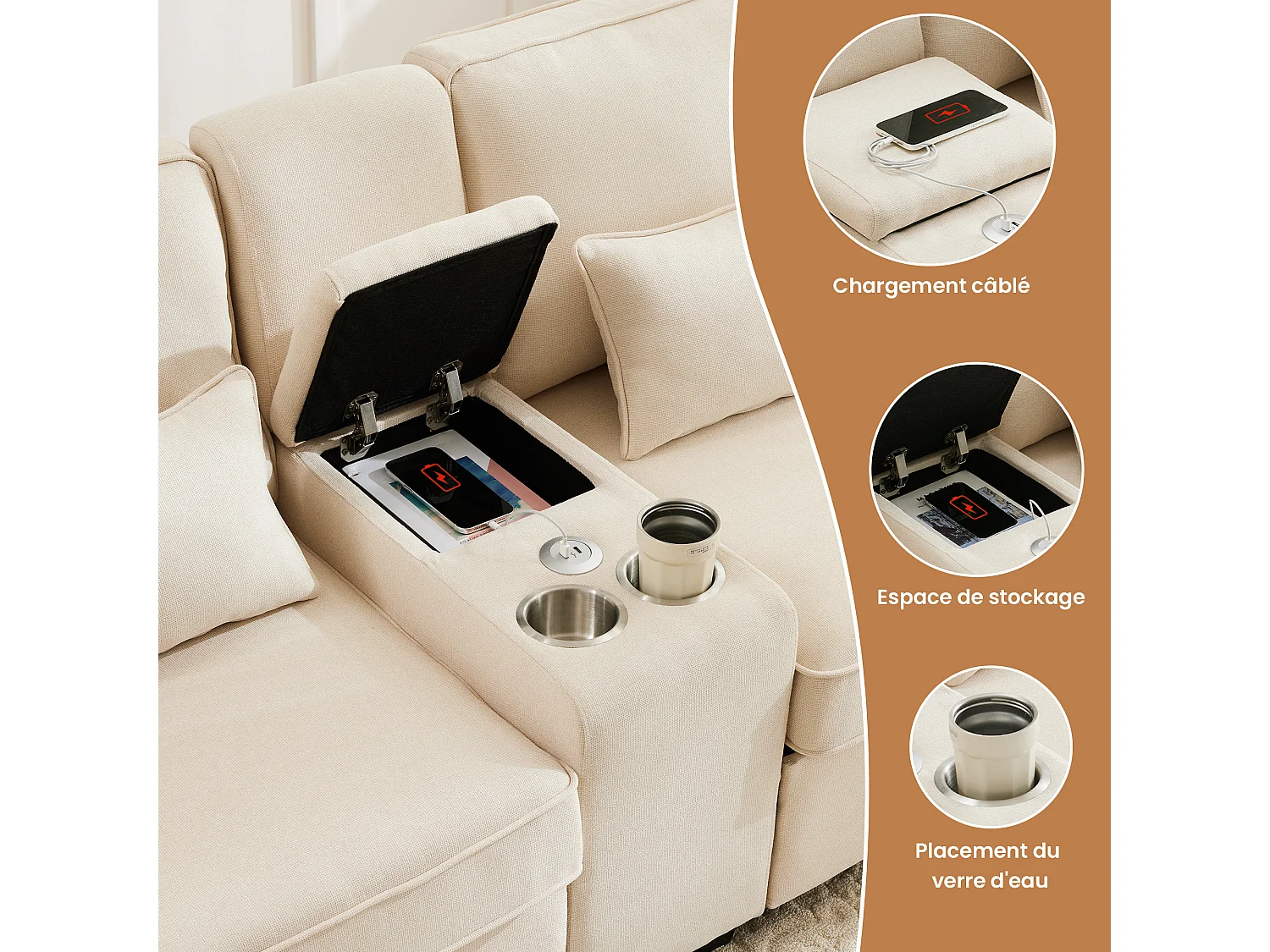 Canapé 4 Places - Console avec 2 porte-gobelets et 2 ports USB (câblés) - Poches latérales, 4 coussins - Lin - Beige
