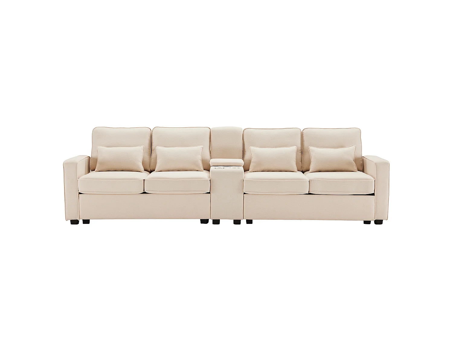 Canapé 4 Places - Console avec 2 porte-gobelets et 2 ports USB (câblés) - Poches latérales, 4 coussins - Lin - Beige