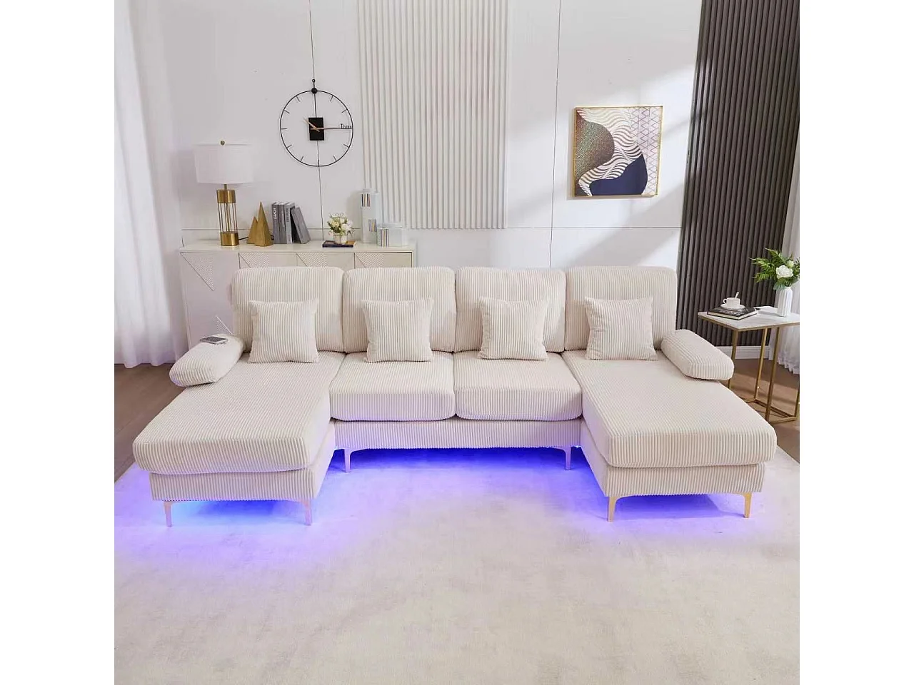 Canapé d'angle en U - Canapé d'angle 5 places avec assise profonde - Éclairage d'ambiance LED intégré et port USB - Structure en bois massif - Velours - Beige
