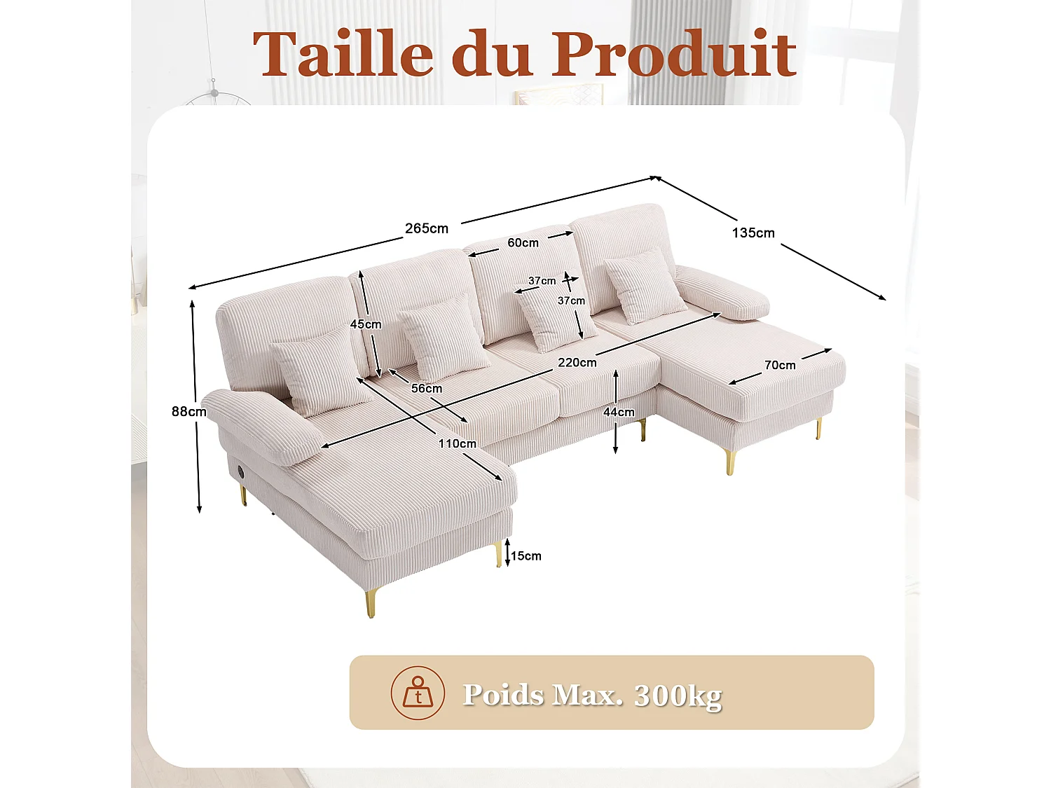 Canapé d'angle en U - Canapé d'angle 5 places avec assise profonde - Éclairage d'ambiance LED intégré et port USB - Structure en bois massif - Velours - Beige