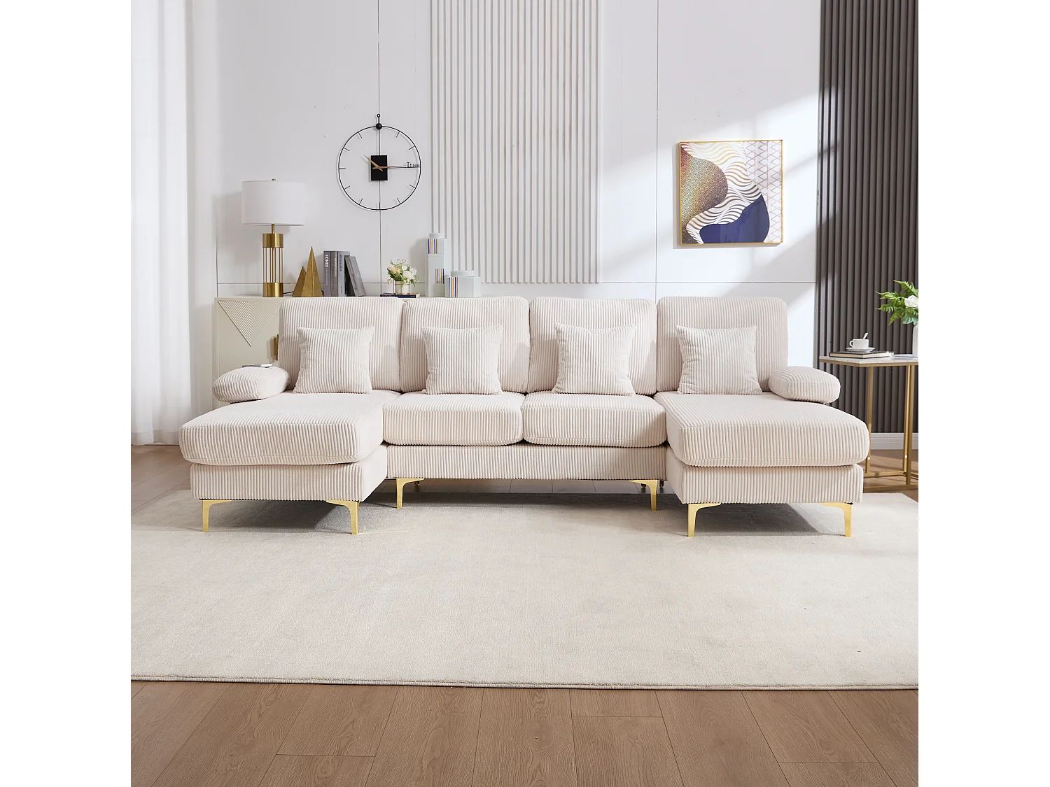 Canapé d'angle en U - Canapé d'angle 5 places avec assise profonde - Éclairage d'ambiance LED intégré et port USB - Structure en bois massif - Velours - Beige