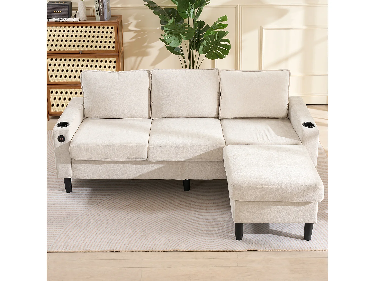 Canapé D'Angle 3 Places - Canapé En L Modulaire 202x137x80 cm - 2 Porte-Gobelets, 2 Ports USB Et 1 Type-C - Pouf Combinable - Lin - Beige
