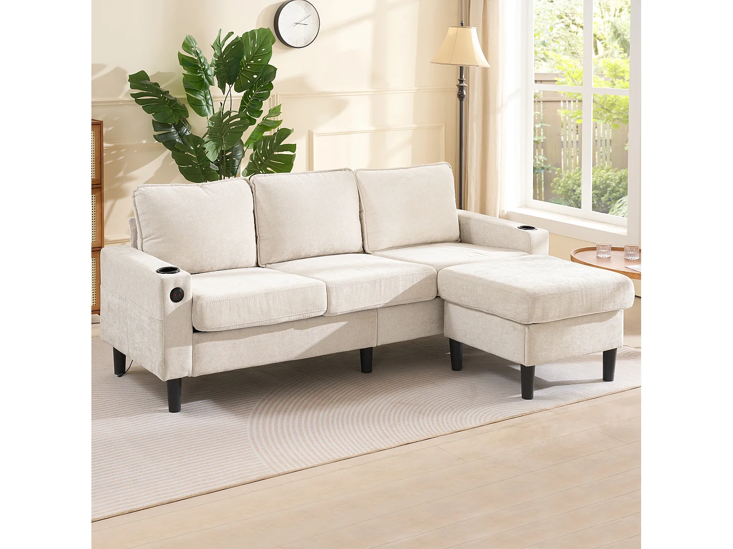 Canapé D'Angle 3 Places - Canapé En L Modulaire 202x137x80 cm - 2 Porte-Gobelets, 2 Ports USB Et 1 Type-C - Pouf Combinable - Lin - Beige