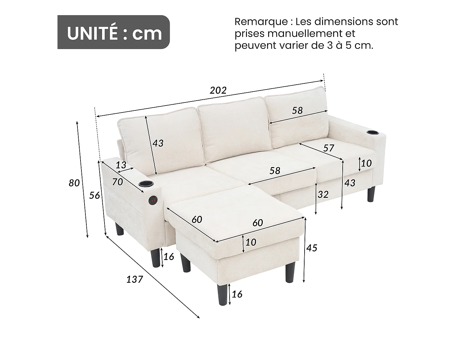 Canapé D'Angle 3 Places - Canapé En L Modulaire 202x137x80 cm - 2 Porte-Gobelets, 2 Ports USB Et 1 Type-C - Pouf Combinable - Lin - Beige