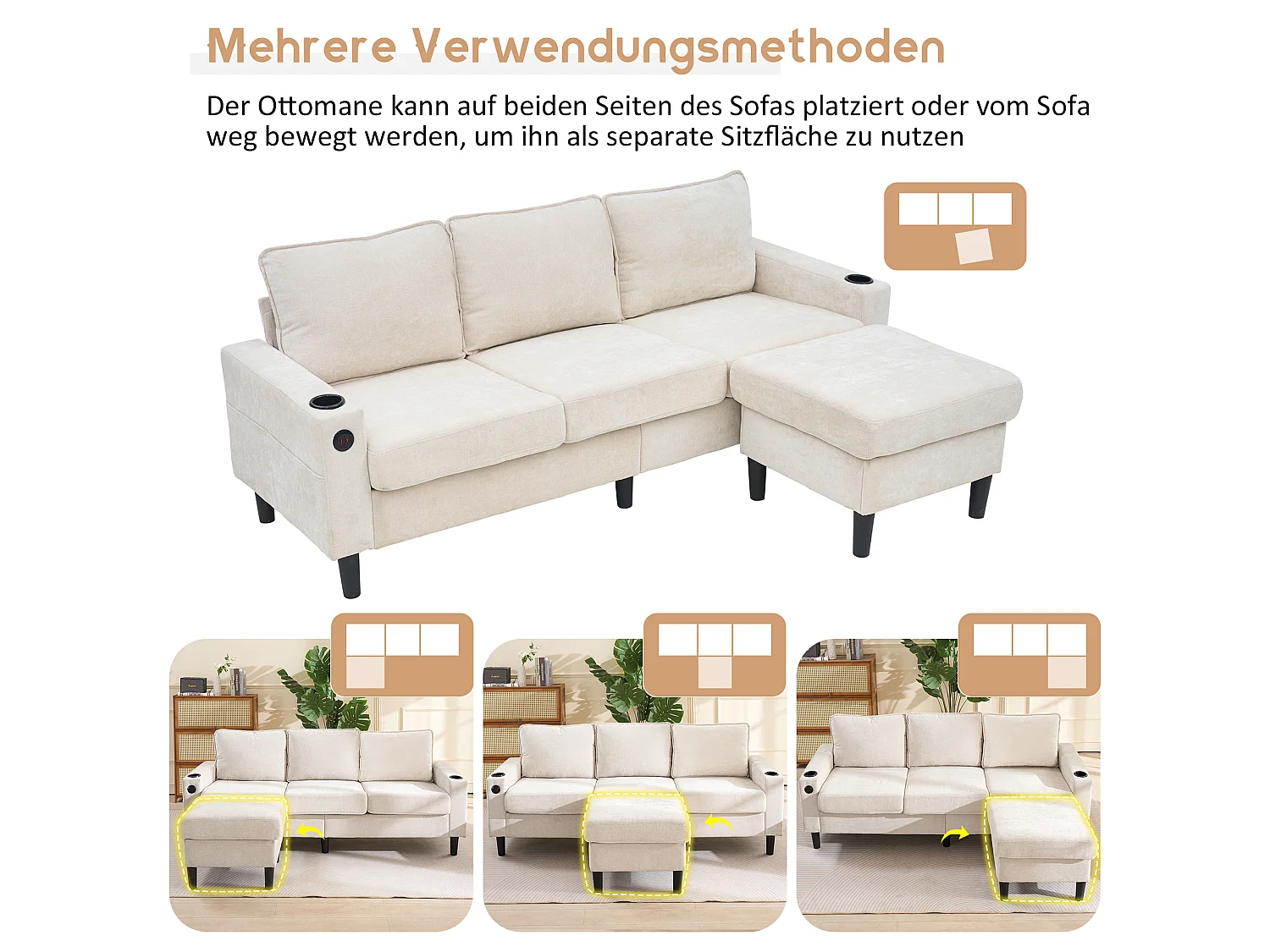 Canapé D'Angle 3 Places - Canapé En L Modulaire 202x137x80 cm - 2 Porte-Gobelets, 2 Ports USB Et 1 Type-C - Pouf Combinable - Lin - Beige