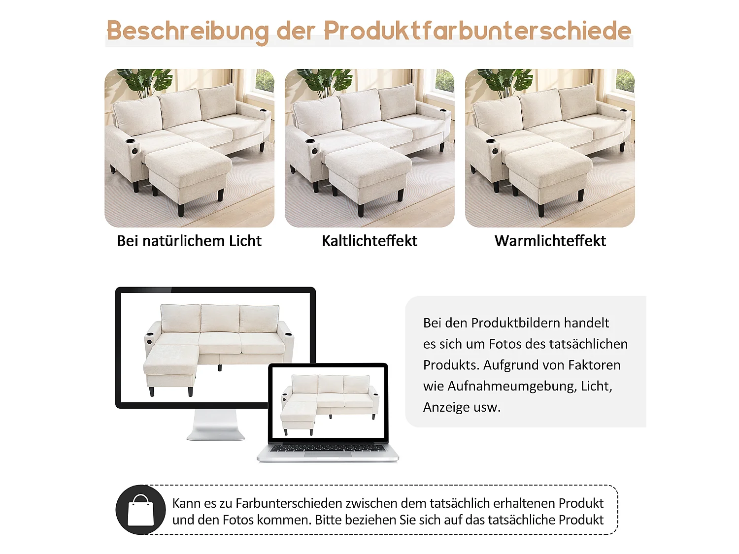 Canapé D'Angle 3 Places - Canapé En L Modulaire 202x137x80 cm - 2 Porte-Gobelets, 2 Ports USB Et 1 Type-C - Pouf Combinable - Lin - Beige