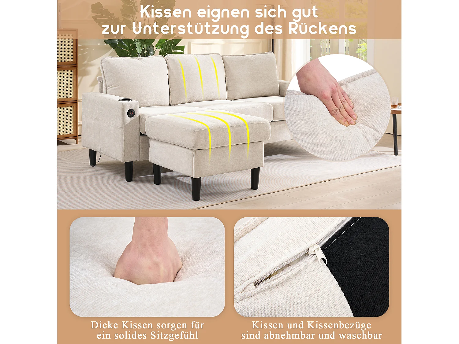 Canapé D'Angle 3 Places - Canapé En L Modulaire 202x137x80 cm - 2 Porte-Gobelets, 2 Ports USB Et 1 Type-C - Pouf Combinable - Lin - Beige