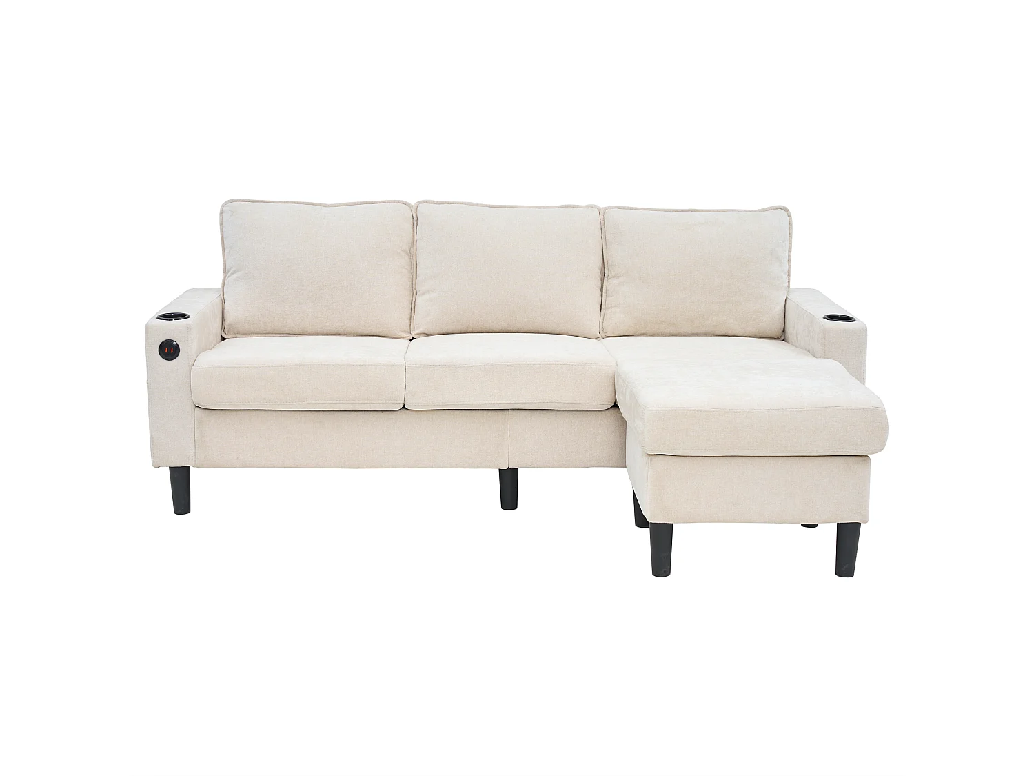 Canapé D'Angle 3 Places - Canapé En L Modulaire 202x137x80 cm - 2 Porte-Gobelets, 2 Ports USB Et 1 Type-C - Pouf Combinable - Lin - Beige