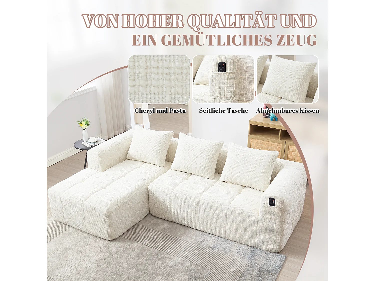 Hoekbank - 3-Zits met Chaise Longue - Geen Montage, Zijvakken en 3 Kussens - Wolkenachtig Zitcomfort Hoogdicht Schuim - Chenille - Beige