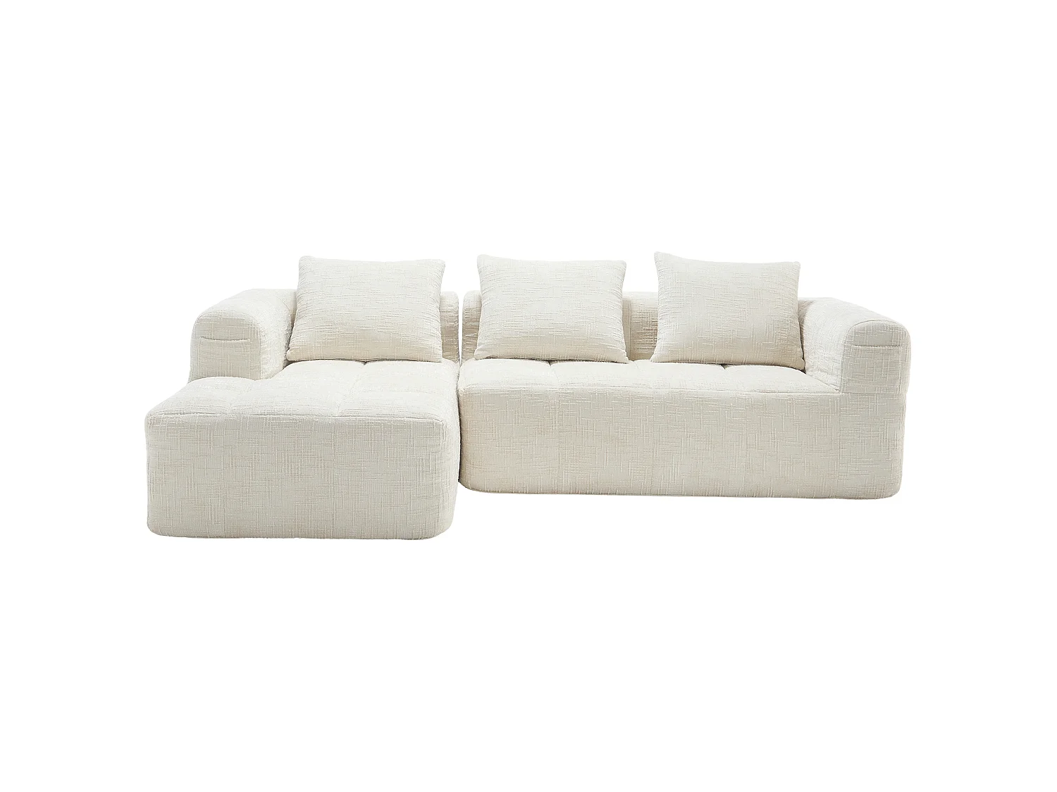 Hoekbank - 3-Zits met Chaise Longue - Geen Montage, Zijvakken en 3 Kussens - Wolkenachtig Zitcomfort Hoogdicht Schuim - Chenille - Beige