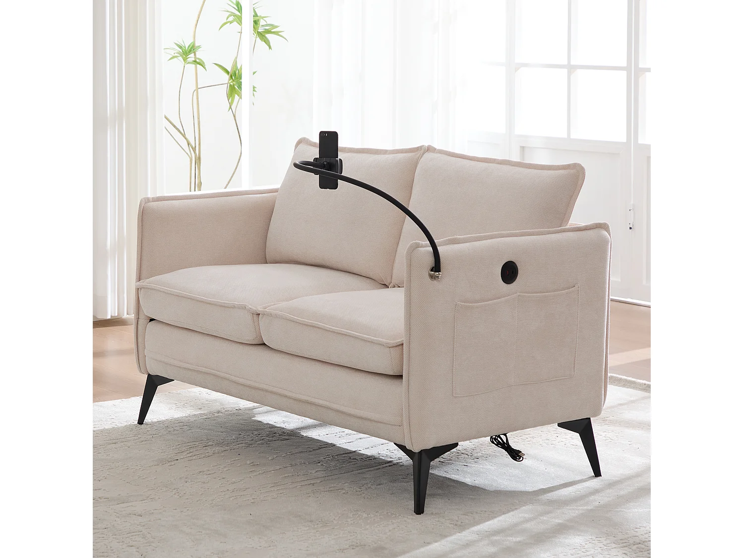Canapé 2 Places Moderne en Chenille - Siège Ergonomique, Support Téléphone Réglable, Rangement Latéral Double, Pieds Métalliques, Beige, 127x69x66 cm