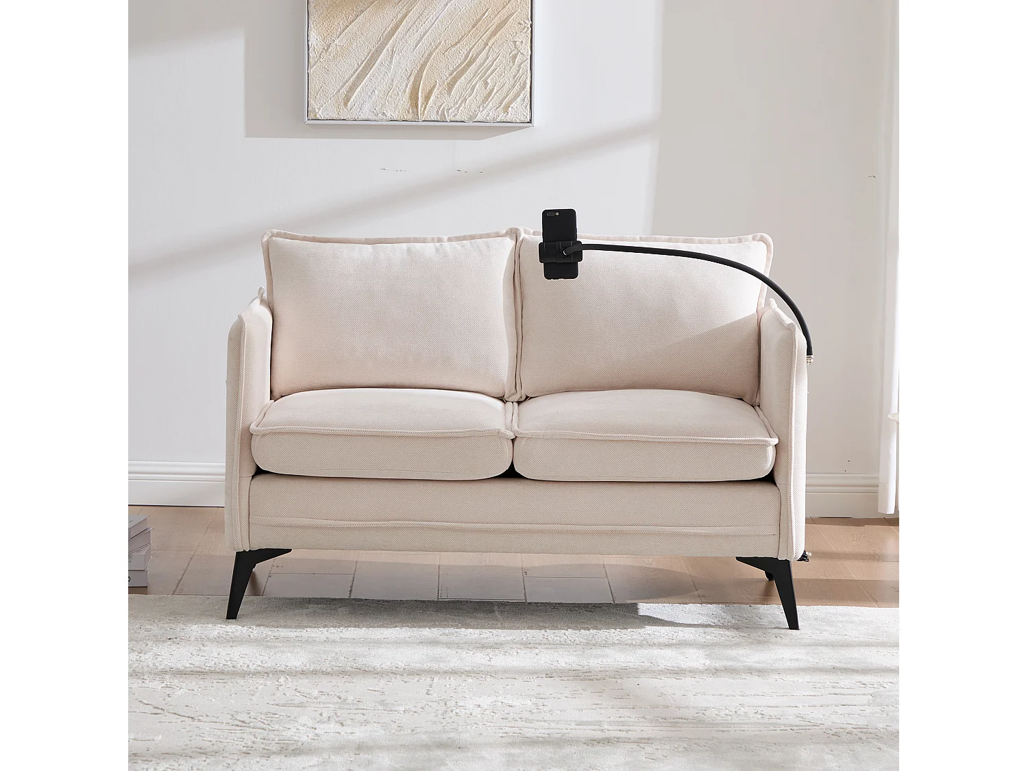Canapé 2 Places Moderne en Chenille - Siège Ergonomique, Support Téléphone Réglable, Rangement Latéral Double, Pieds Métalliques, Beige, 127x69x66 cm