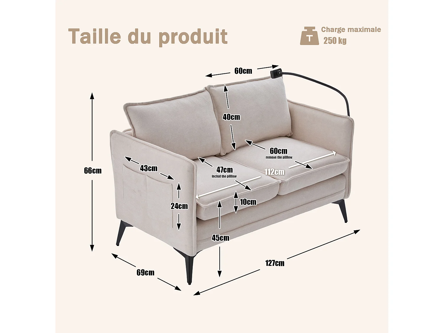Canapé 2 Places Moderne en Chenille - Siège Ergonomique, Support Téléphone Réglable, Rangement Latéral Double, Pieds Métalliques, Beige, 127x69x66 cm