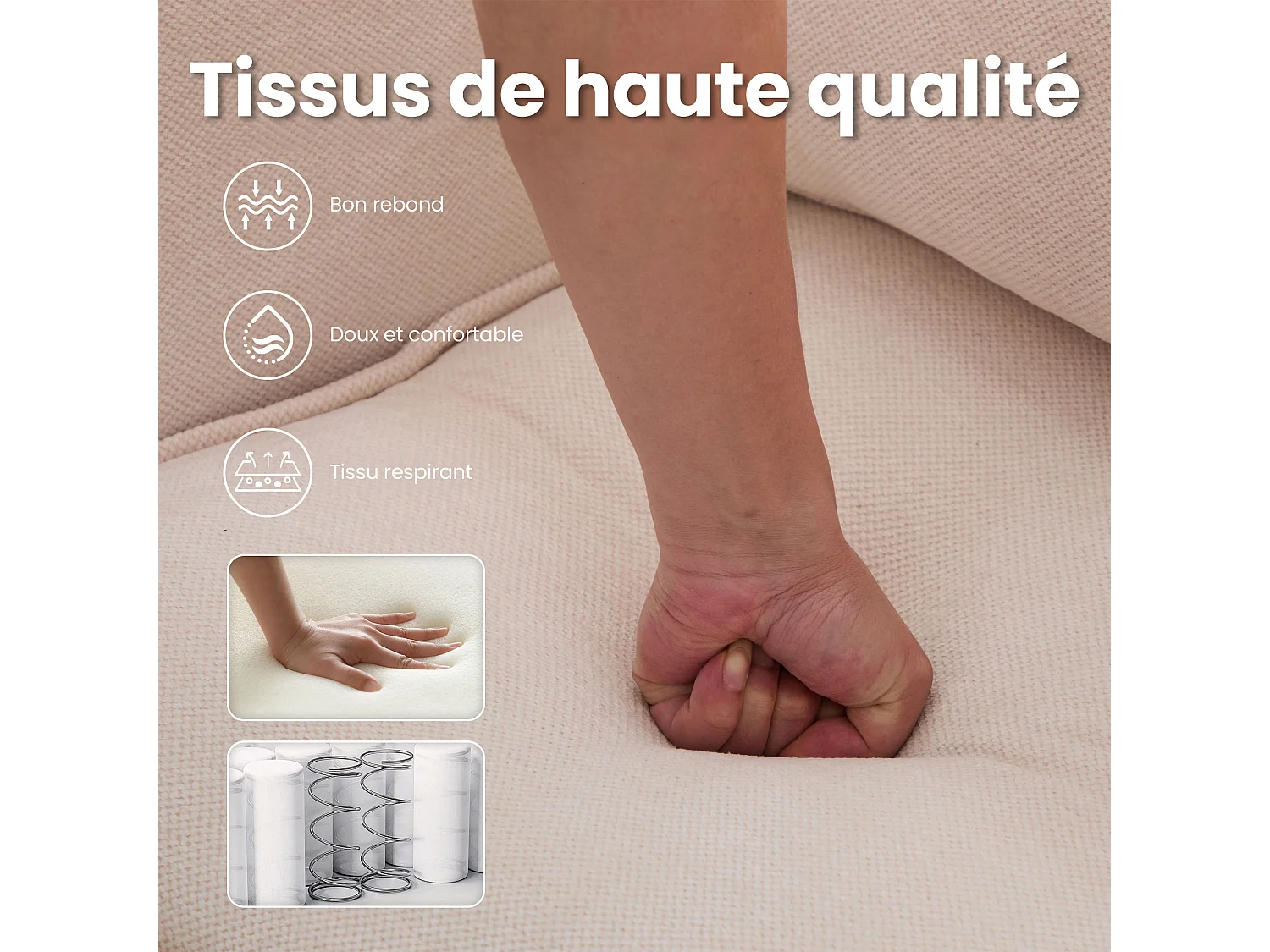 Canapé 2 Places Moderne en Chenille - Siège Ergonomique, Support Téléphone Réglable, Rangement Latéral Double, Pieds Métalliques, Beige, 127x69x66 cm