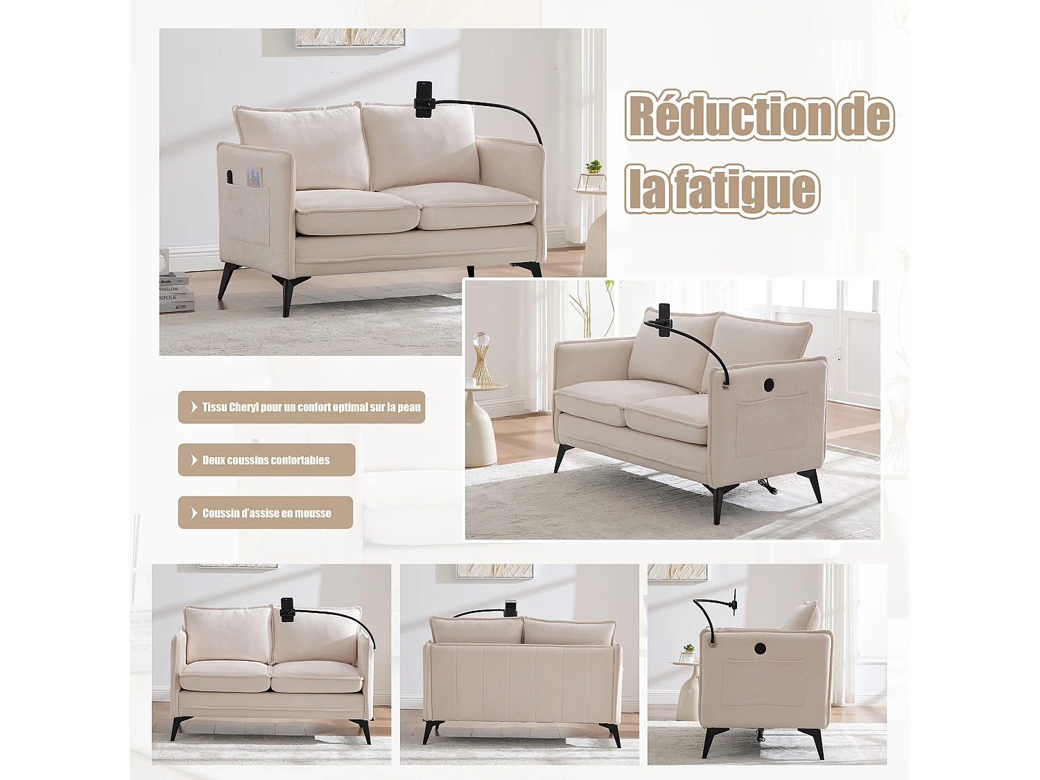 Canapé 2 Places Moderne en Chenille - Siège Ergonomique, Support Téléphone Réglable, Rangement Latéral Double, Pieds Métalliques, Beige, 127x69x66 cm