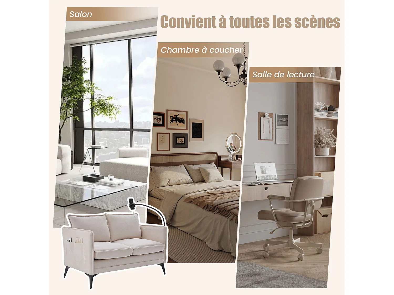 Canapé 2 Places Moderne en Chenille - Siège Ergonomique, Support Téléphone Réglable, Rangement Latéral Double, Pieds Métalliques, Beige, 127x69x66 cm