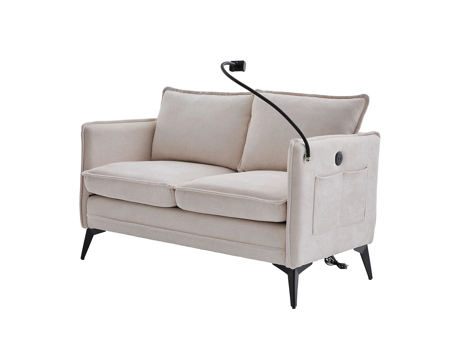 Canapé 2 Places Moderne en Chenille - Siège Ergonomique, Support Téléphone Réglable, Rangement Latéral Double, Pieds Métalliques, Beige, 127x69x66 cm