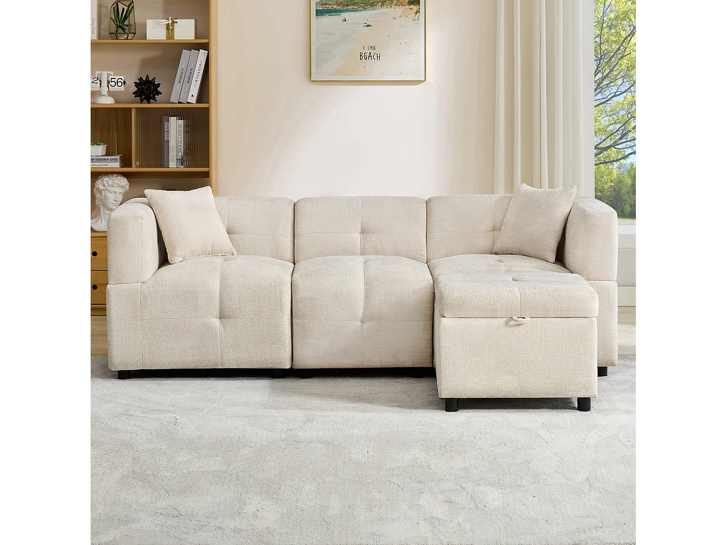 Canapé d'angle modulable 3 places L avec pouf de rangement amovible et 2 coussins - Ressorts ensachés, soutien lombaire - Chenille - Beige