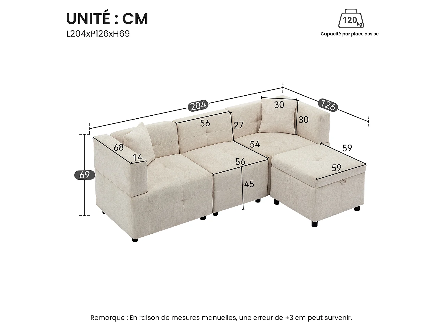 Canapé d'angle modulable 3 places L avec pouf de rangement amovible et 2 coussins - Ressorts ensachés, soutien lombaire - Chenille - Beige