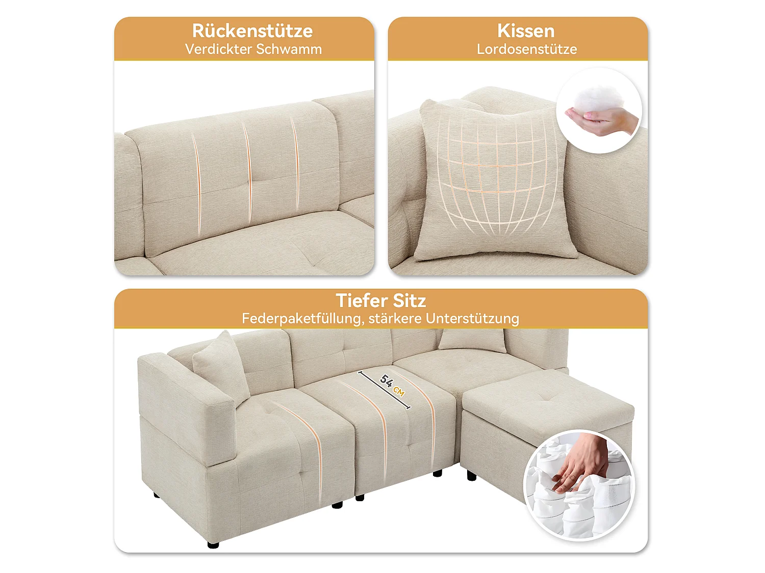 Canapé d'angle modulable 3 places L avec pouf de rangement amovible et 2 coussins - Ressorts ensachés, soutien lombaire - Chenille - Beige