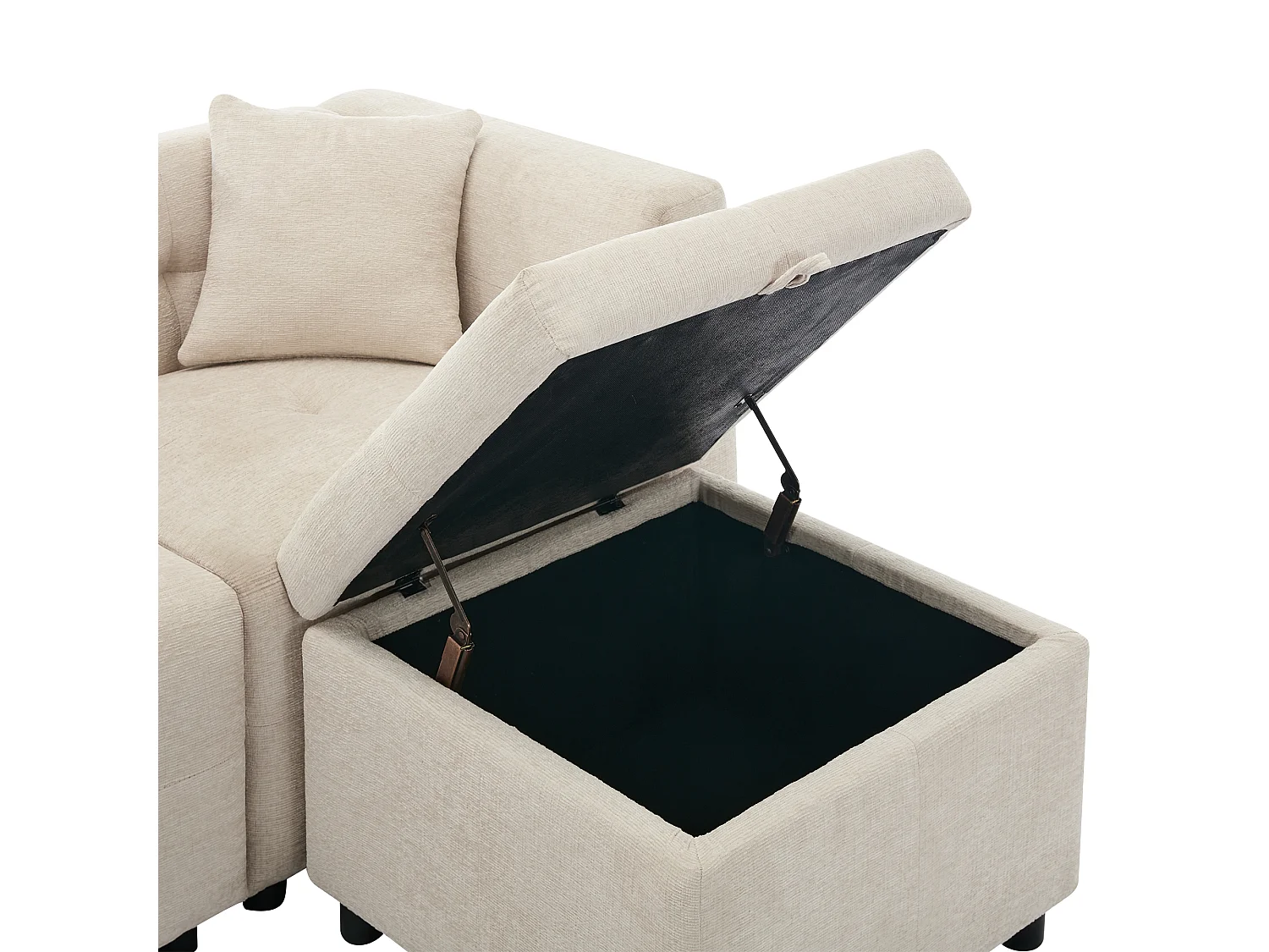 Canapé d'angle modulable 3 places L avec pouf de rangement amovible et 2 coussins - Ressorts ensachés, soutien lombaire - Chenille - Beige