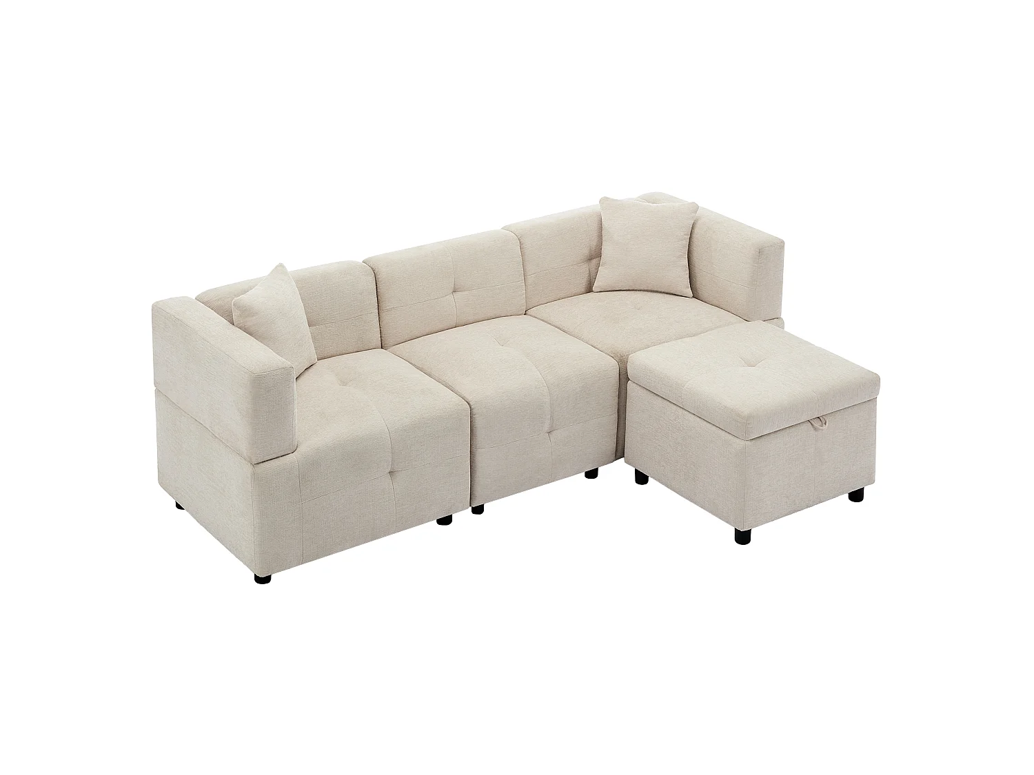 Canapé d'angle modulable 3 places L avec pouf de rangement amovible et 2 coussins - Ressorts ensachés, soutien lombaire - Chenille - Beige