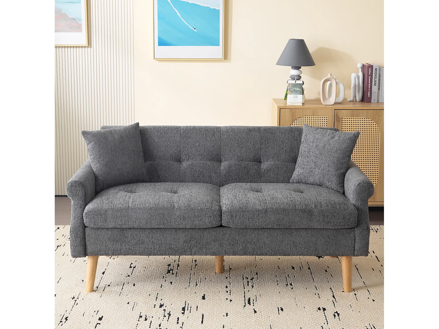 Canapé 2 places en chenille gris – Coussins d'assise 15 cm, Pieds en bois massif 20 cm – Design ergonomique pour salon et appartement