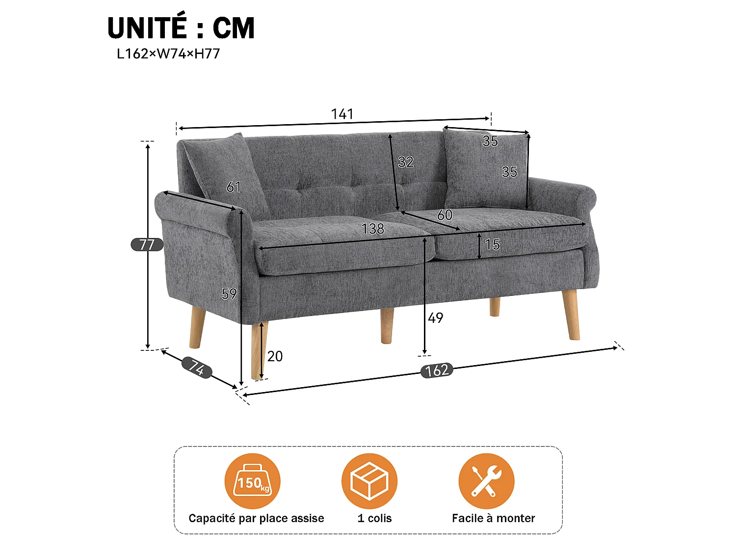 Canapé 2 places en chenille gris – Coussins d'assise 15 cm, Pieds en bois massif 20 cm – Design ergonomique pour salon et appartement