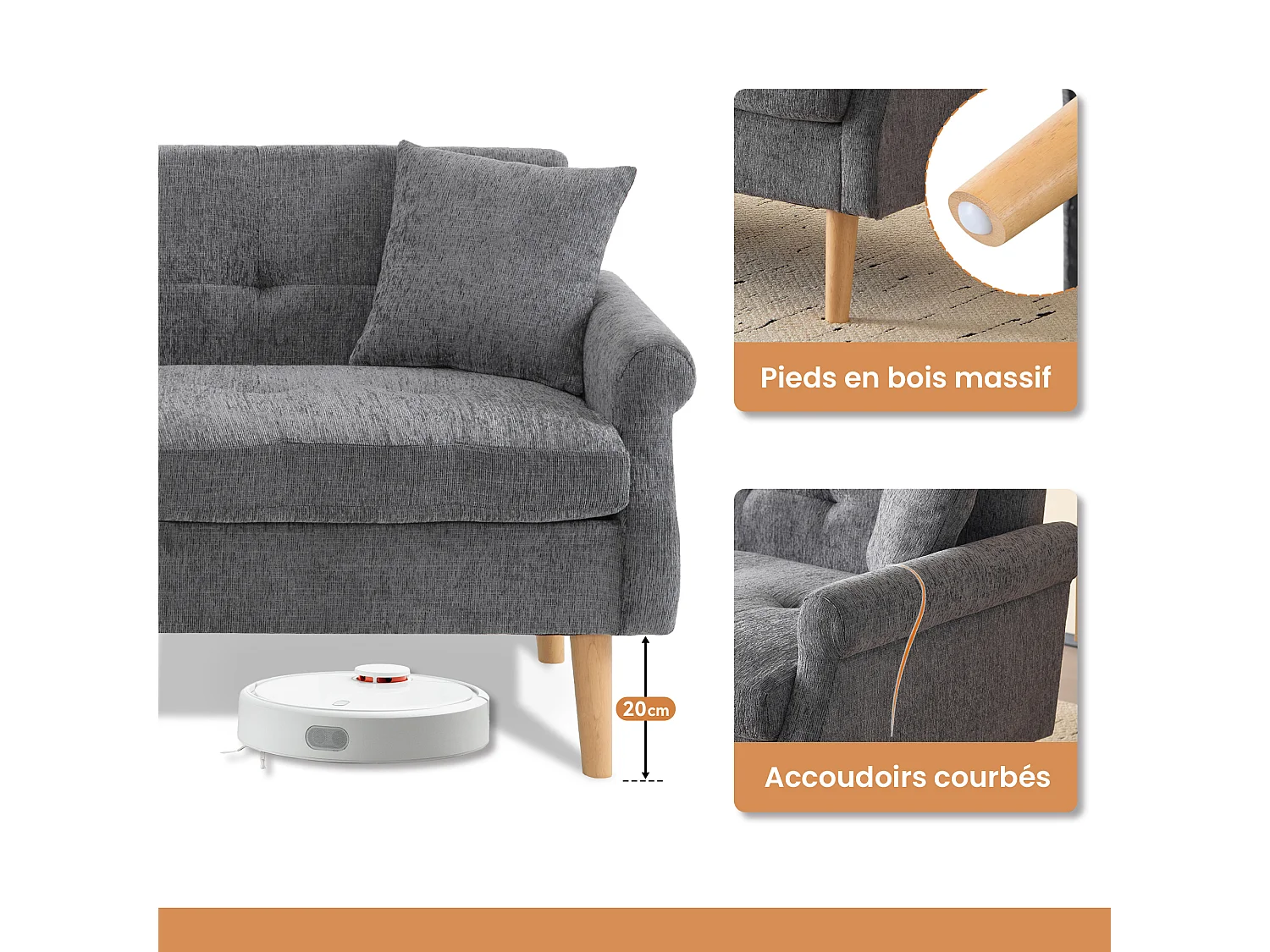 Canapé 2 places en chenille gris – Coussins d'assise 15 cm, Pieds en bois massif 20 cm – Design ergonomique pour salon et appartement