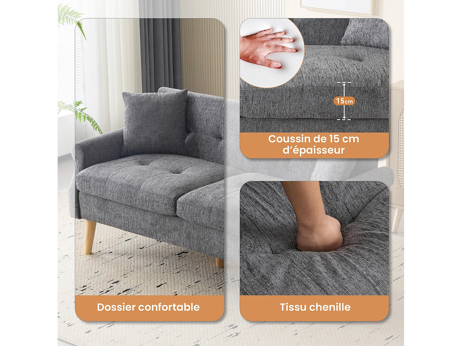 Canapé 2 places en chenille gris – Coussins d'assise 15 cm, Pieds en bois massif 20 cm – Design ergonomique pour salon et appartement