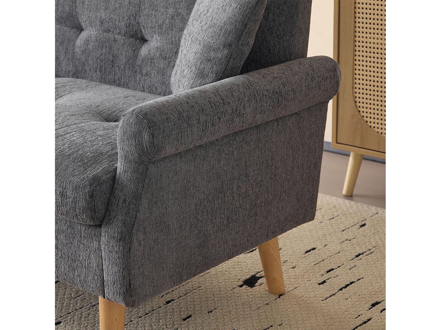 Canapé 2 places en chenille gris – Coussins d'assise 15 cm, Pieds en bois massif 20 cm – Design ergonomique pour salon et appartement
